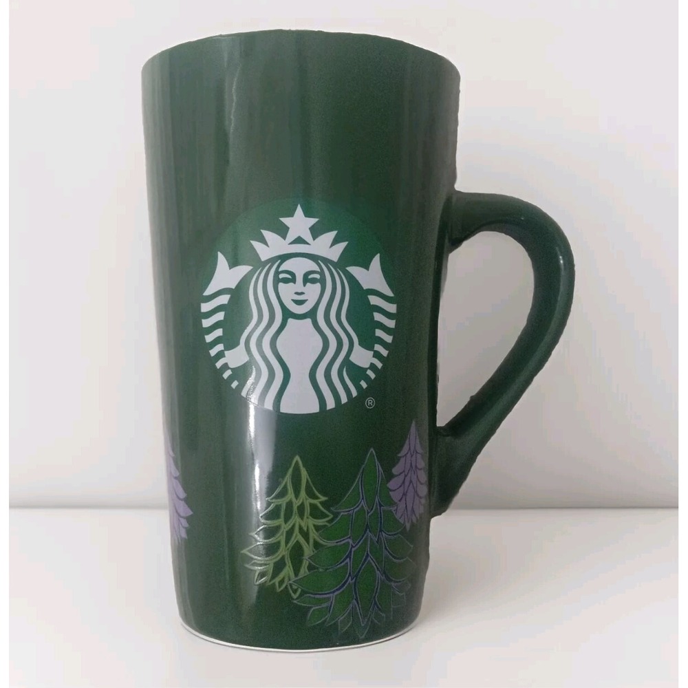 Starbucks 2020 Holiday Tall Coffee Mug 16oz Trees Green And Purple EUC
